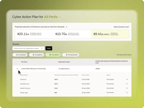 Arc Cyber Action Plan — priority actions ranked by organization impact and portfolio-wide loss reduction